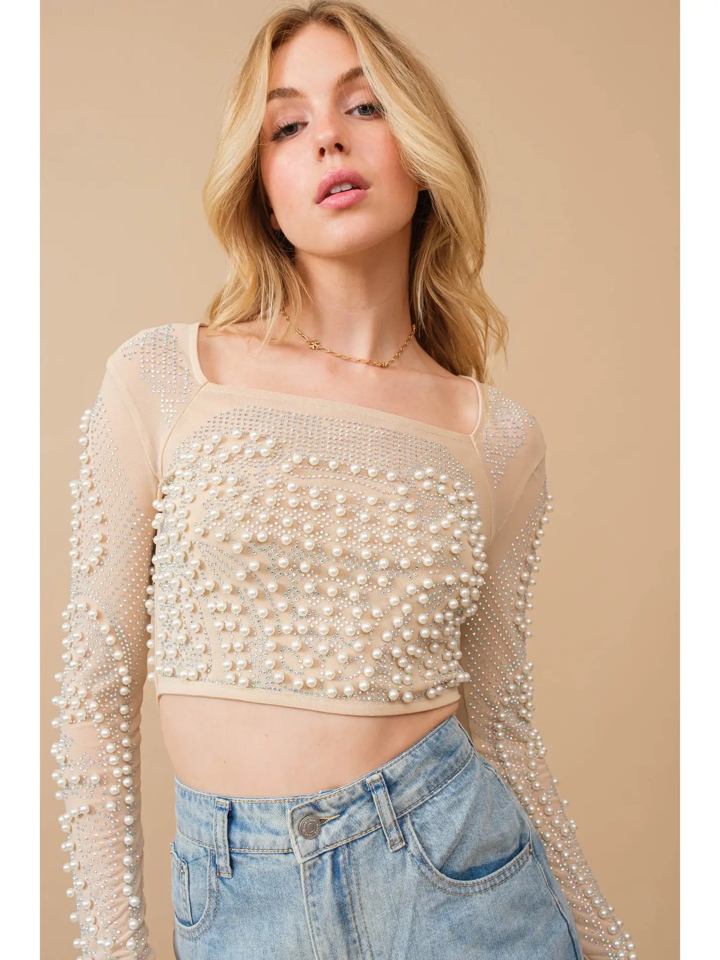 Pearl Embellished Crop Top