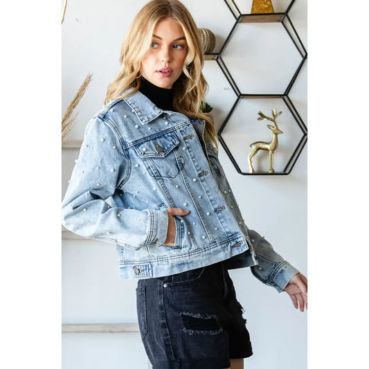 It Girl Pearl Cropped Denim Jacket